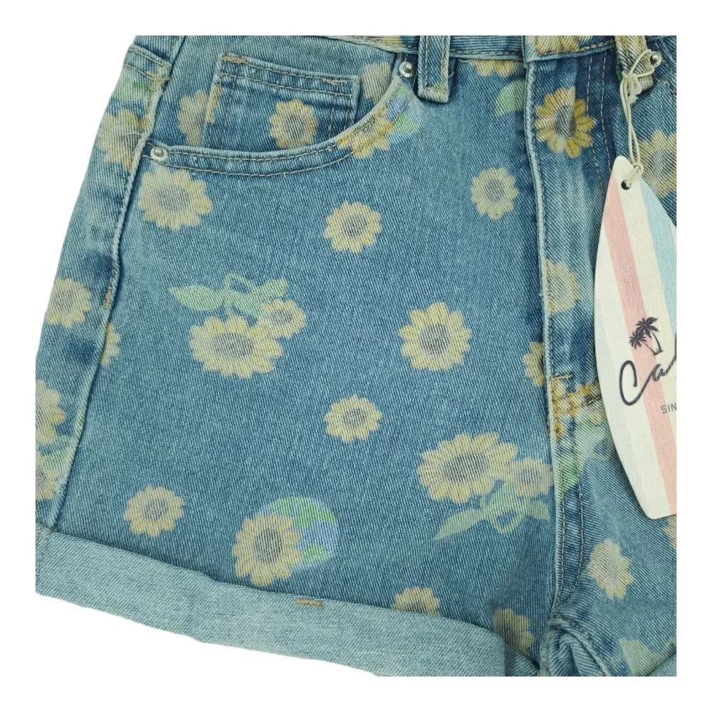 NWT Cali 1850 High Waisted Sunflower Denim Shorts Size 0